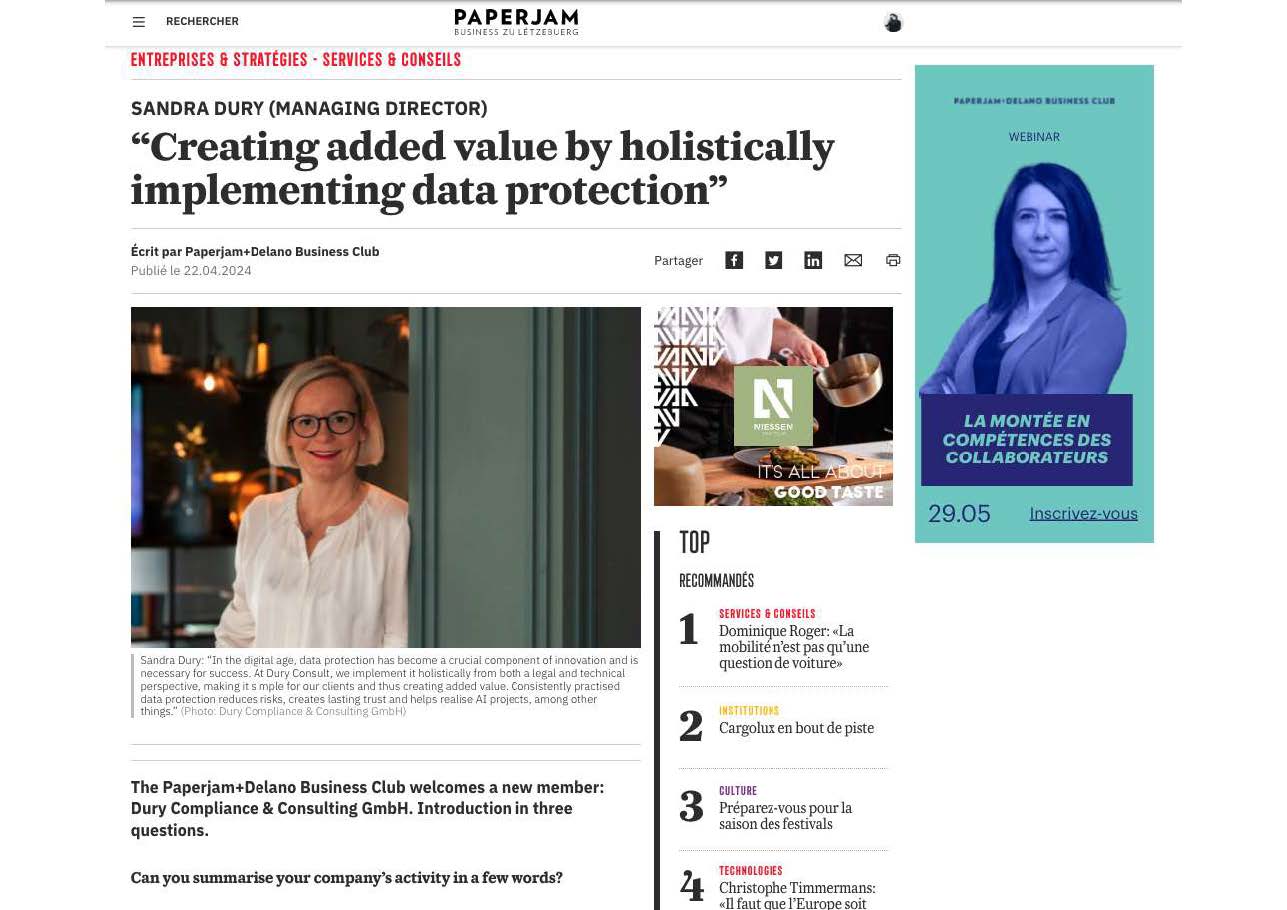 Screenshot Paperjam Artikel zum Interview mit Sandra Dury